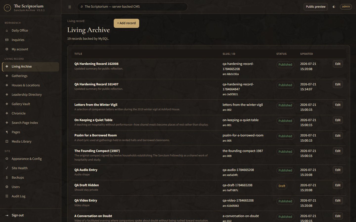 Living Archive administration list
