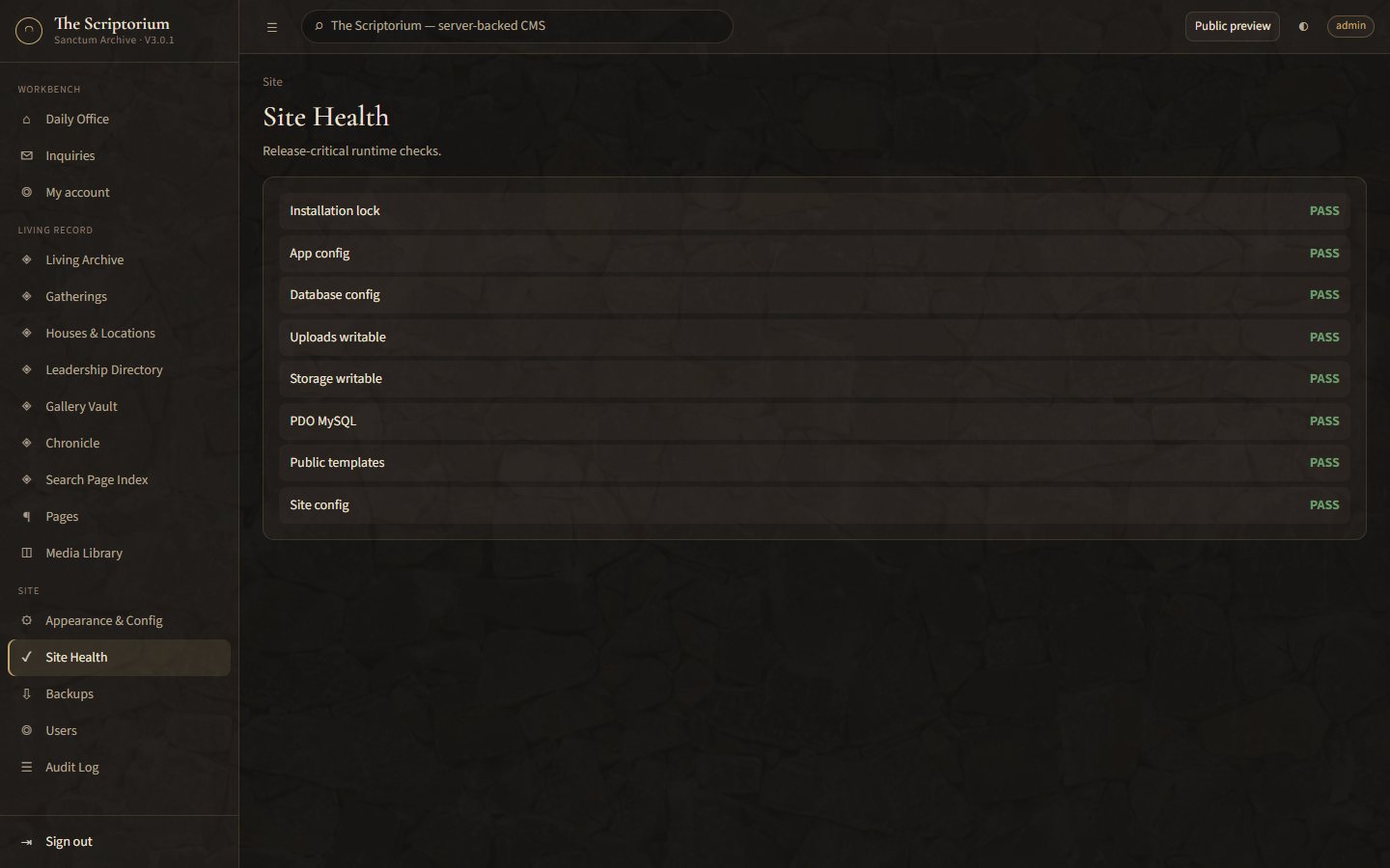 Site Health diagnostics screen