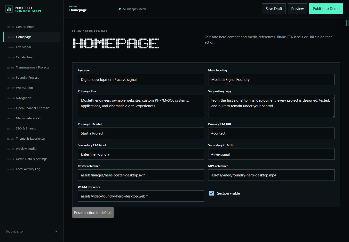 Signal Foundry CMS homepage editing controls