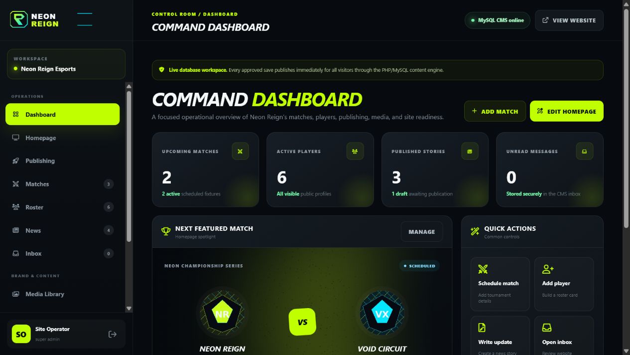 Neon Reign PHP and MySQL CMS administrator dashboard