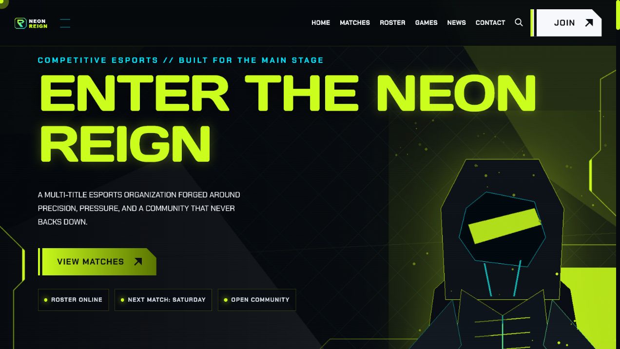 Neon Reign esports CMS website homepage