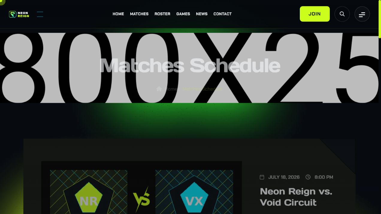 Neon Reign esports match schedule page