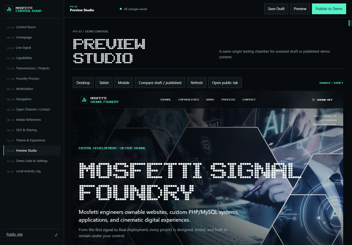 Signal Foundry CMS Preview Studio displaying the editable website preview