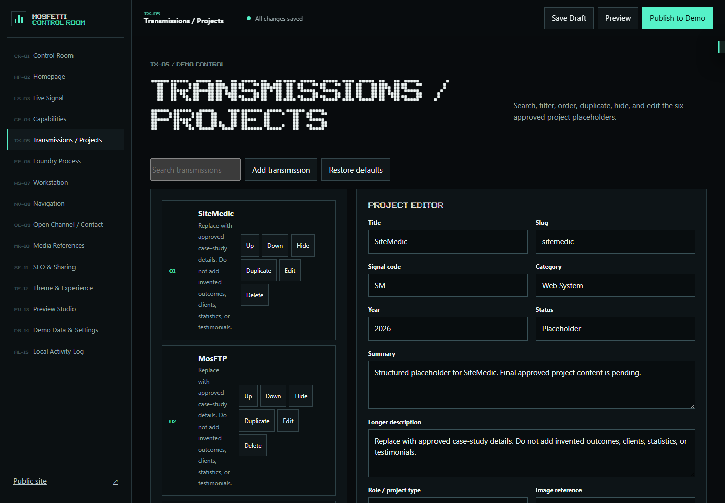 Signal Foundry CMS project editor for managing portfolio content