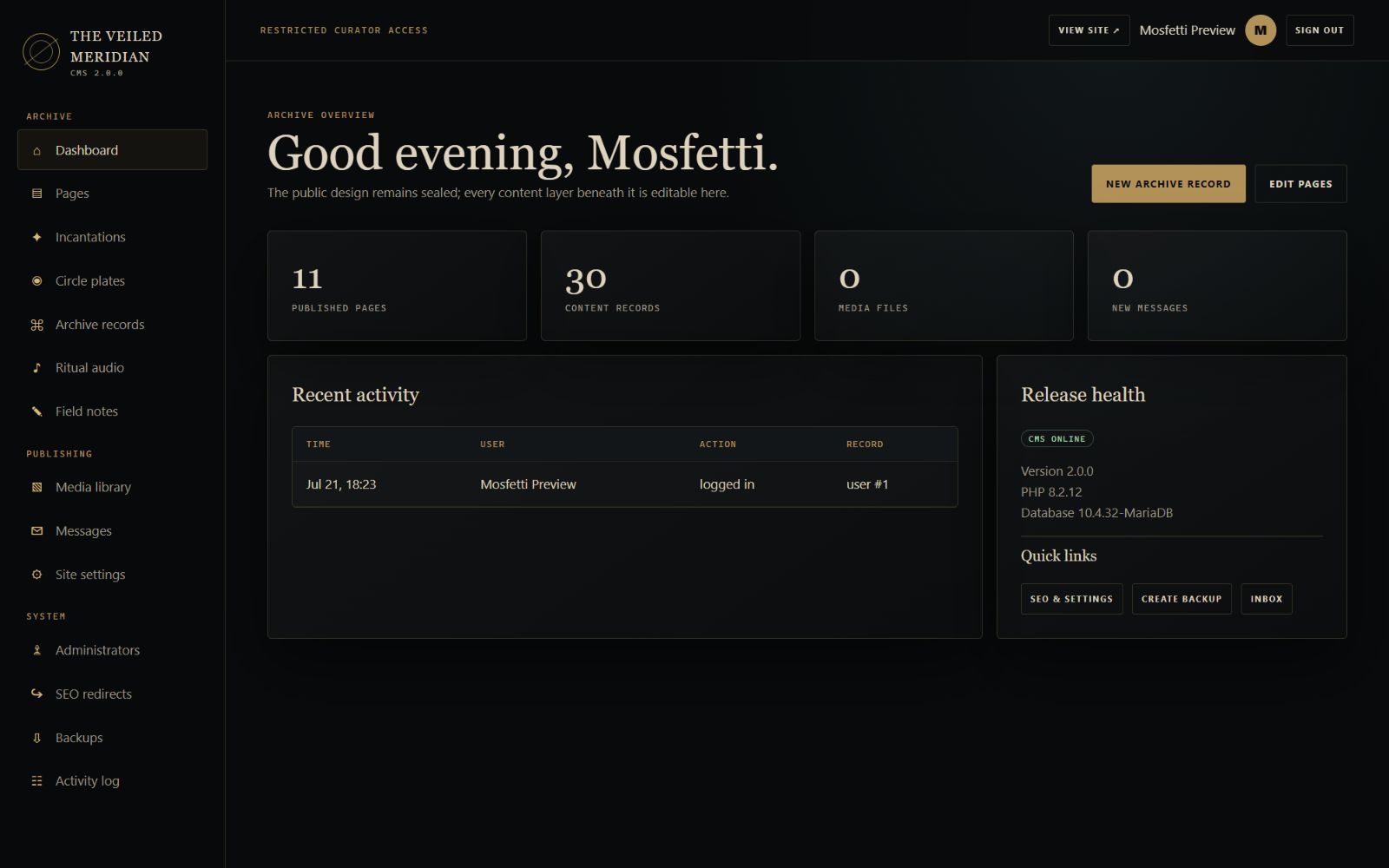 The Veiled Meridian CMS administration dashboard