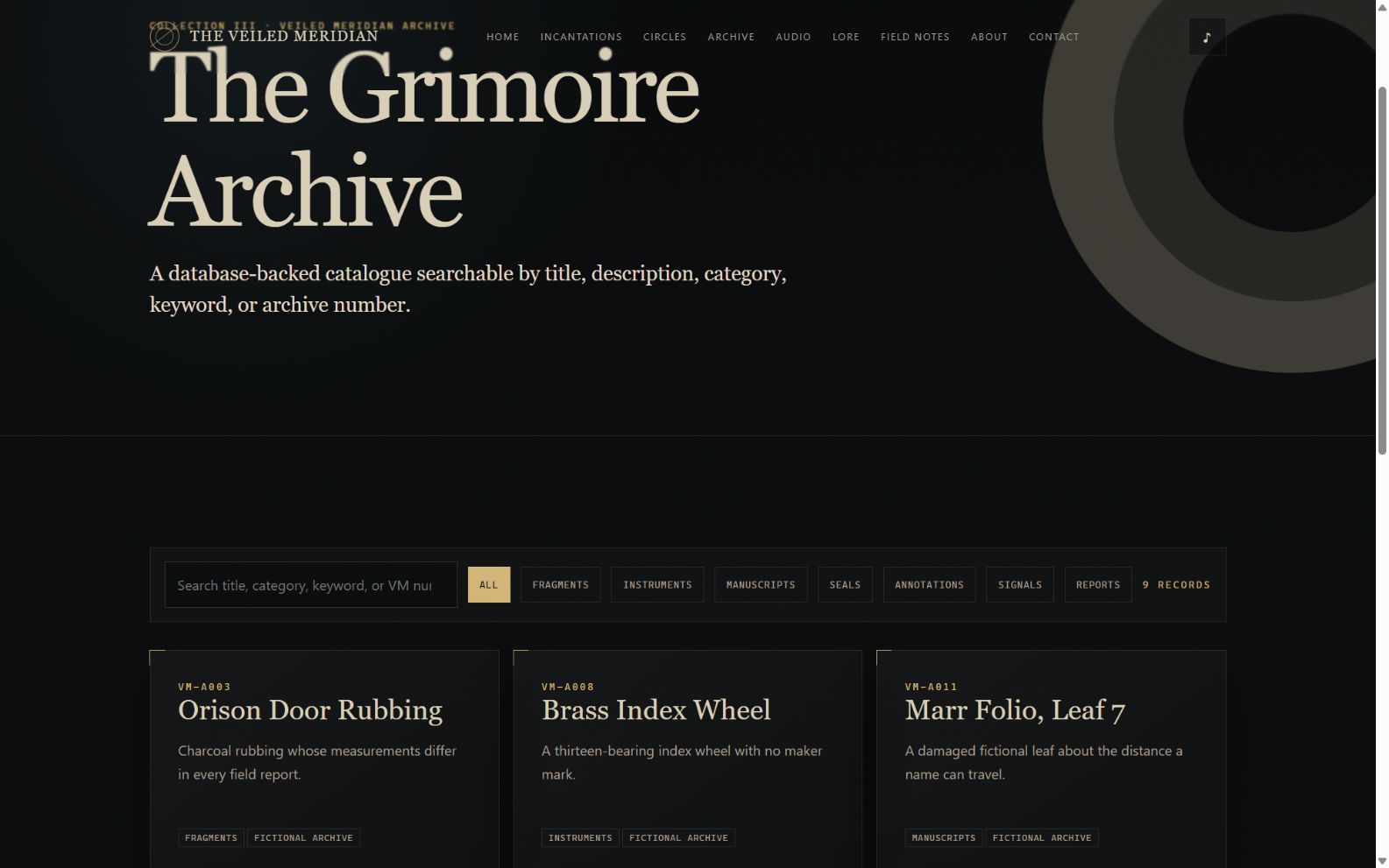 Searchable Grimoire Archive with category filters and manuscript records