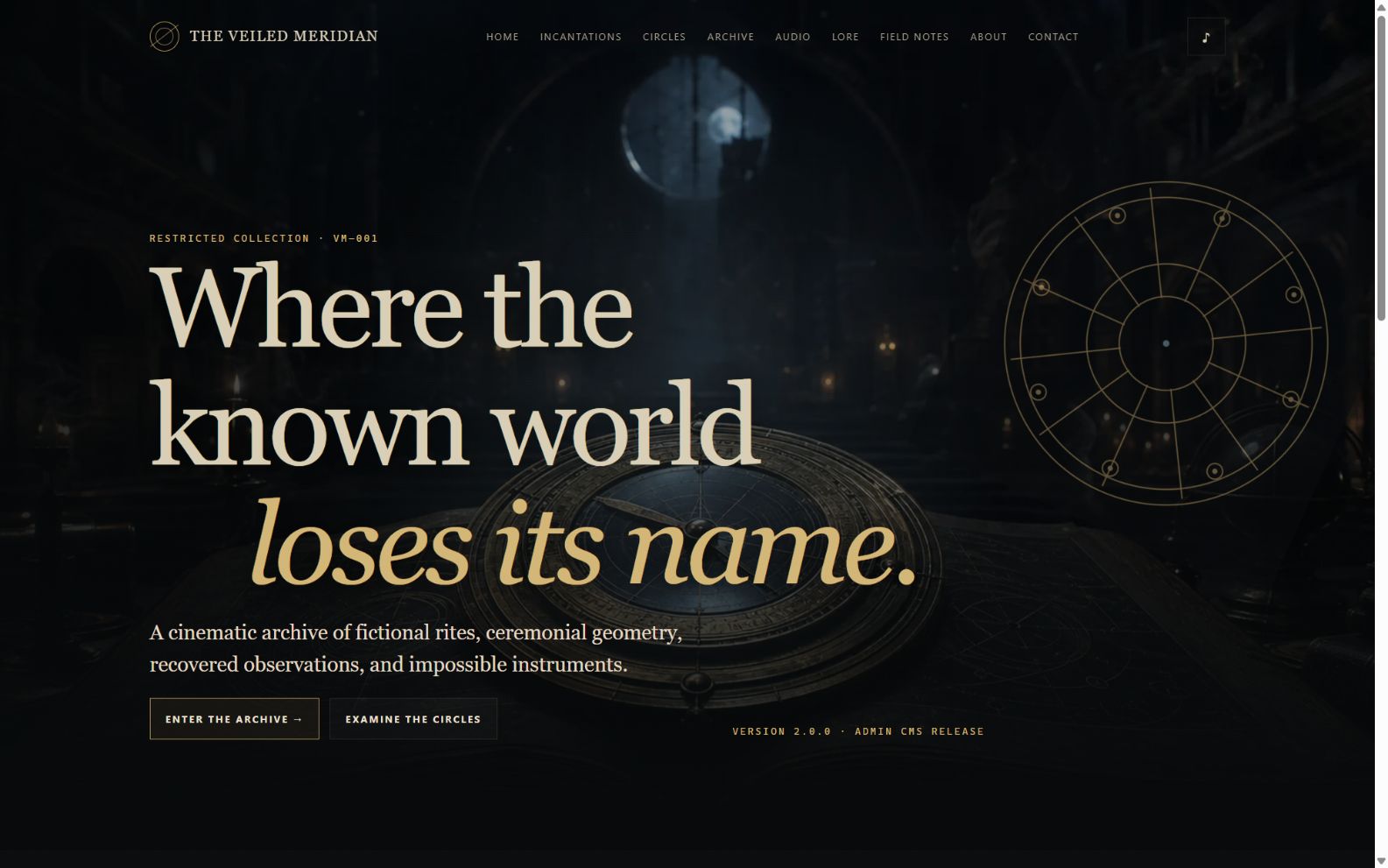 The Veiled Meridian cinematic PHP/MySQL CMS homepage