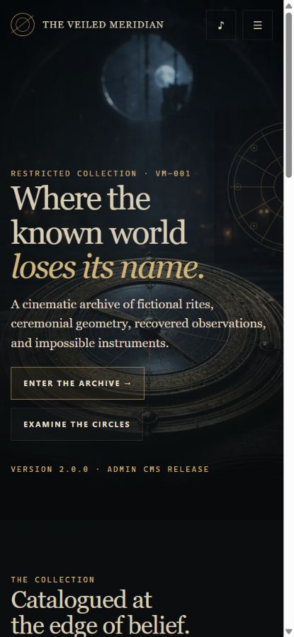 The Veiled Meridian CMS homepage on a mobile screen