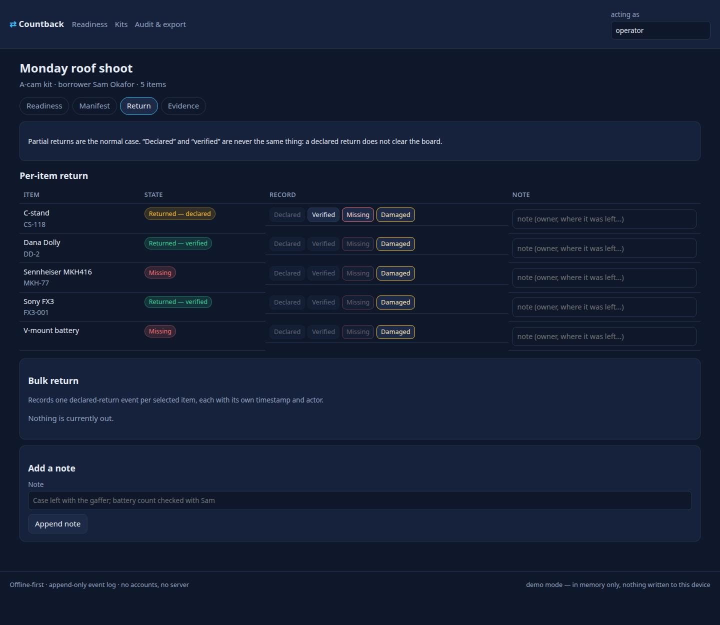 Countback return verification screen distinguishing declared and verified gear