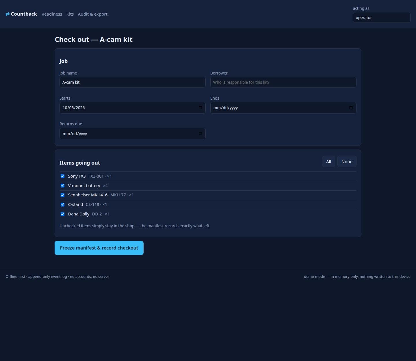 Countback frozen gear checkout manifest