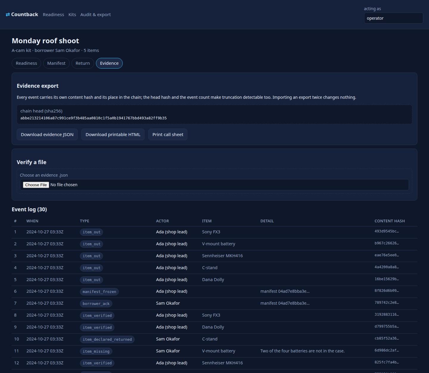 Countback hash-checked evidence export